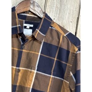 Jules Shirt Mens XL Fitted Plaid Button Up Cotton Long Sleeve Navy Brown Check